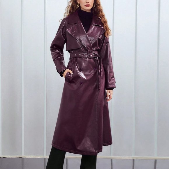 . Jackets & Blazers - PURPLE PREPPY WOMENS PU LEATHER BELTED TRENCH COATS